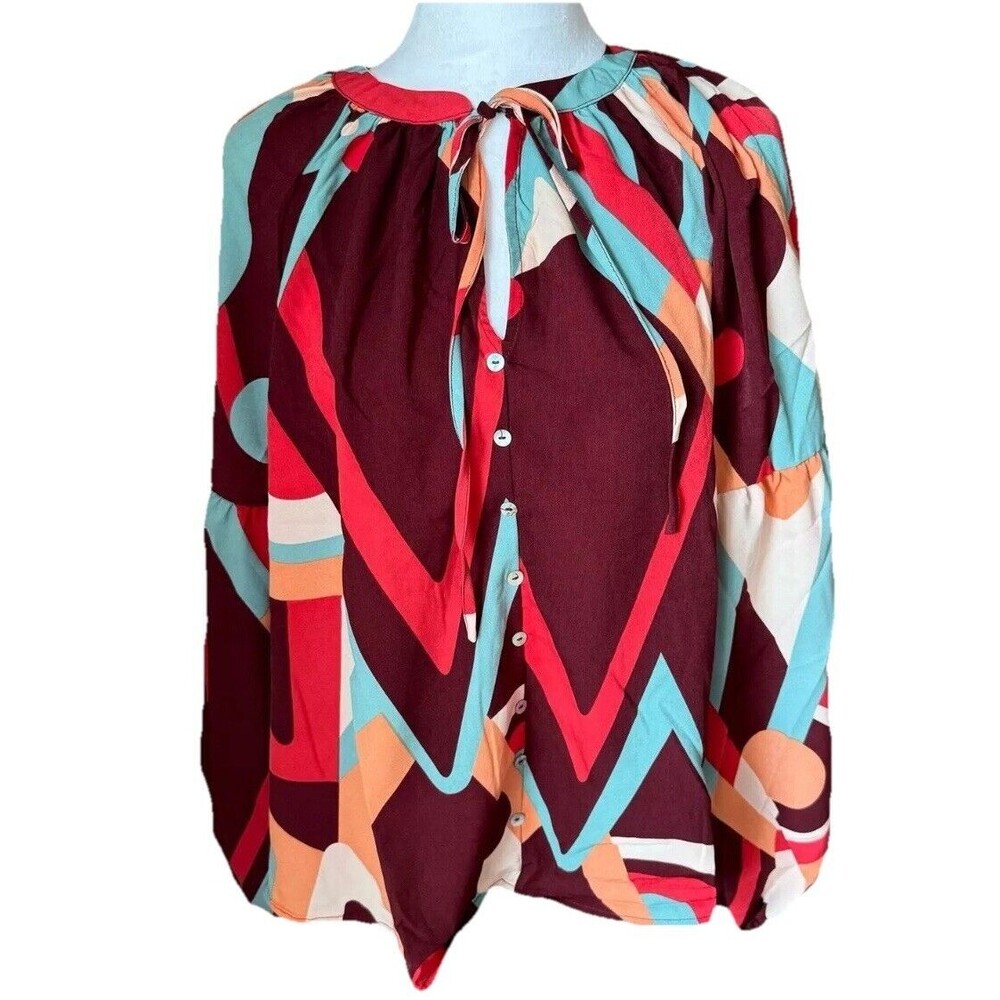 Anthropologie August Sky Long Sleeve Blouse S Geometric Flowy Boho Small